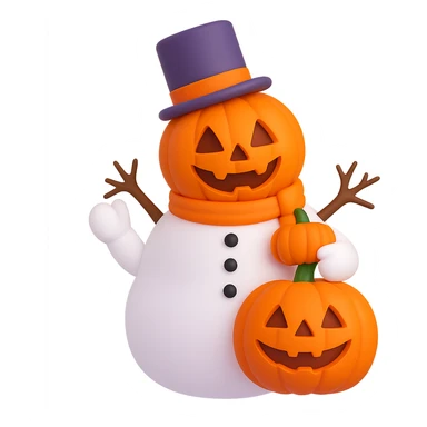 Change the snowman's head to a hollowed-out pumpkin while keeping the body like a classic snowman. Render in 3D emoji style. Remove the background. sticker