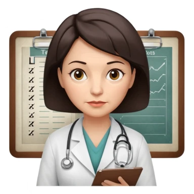A female doctor in her 50s with visible facial wrinkles, dark brown short bob hair, her body turned slightly at an angle, with her gaze clearly directed downward and fixed on the medical chart she is reviewing. sticker