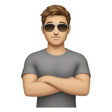 young white male with brown hair and brown eyes, wearing grey T-shirt, having pilot sunglasses and silver watch, while having crossed arms sticker