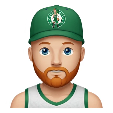 Bald white man with ginger beard, blue eyes in Tatum Boston Celtics basketball jersey. Show front of basketball Jersey and Boston Celtics basketball logo on cap sticker