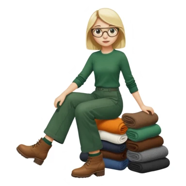 Fille blonde, pantalon ample vert foncé. Lunettes ronde fine. Bottines marrons. Elle pousse une cargaison de chaussettes  sticker