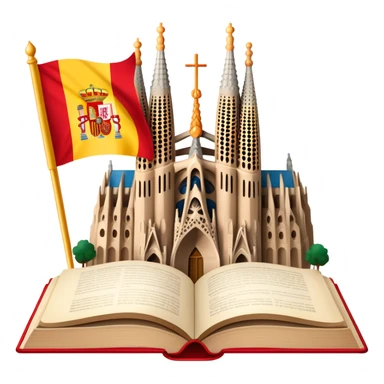 An icon featuring the Sagrada Familia and the flag of Spain, symbolizing the Spanish language. The design includes an open book with Spanish text and flamenco dancers, representing language learning and cultural heritage. Transparent background sticker