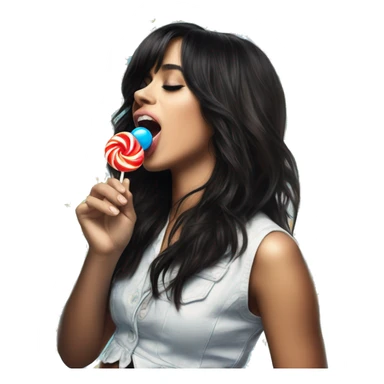 singer Camila Cabello in her CXOXO album cover, licking a blue lollypop sticker