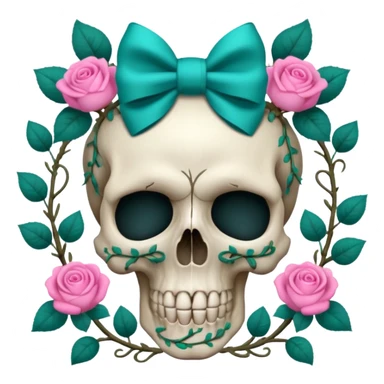 Skull with Pink bow with vines and teal roses sticker