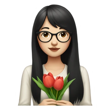 asian pale skin girl with long black hair and bangs and glasses holding tulips sticker