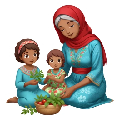 intergenerational moment between a Arab grandmother and her granddaughter, deeply rooted in tradition. The young woman, dressed in a beautiful blue kaftan, sits on the floor carefully picking fresh herbs or greens, while the grandmother, wearing a red headscarf and floral dress, gently guides her. sticker