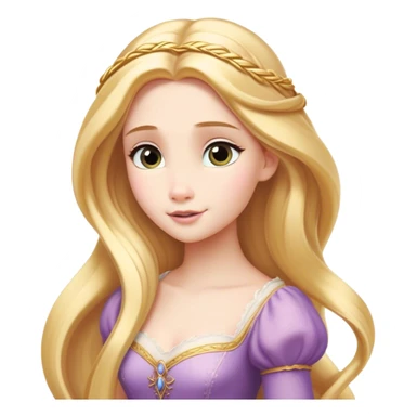 Cinematic Timeless Rapunzel Portrait Emoji, rendered in a clean, vector style. Depict Rapunzel with porcelain skin, beautifully styled long golden hair, and a serene, graceful expression, dressed in her classic gown. The design features bold, clean lines, a soft, magical glow, and a subtle glowing outline that captures her timeless, fairy-tale beauty. sticker