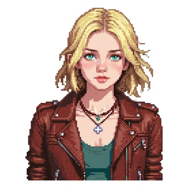14-year-old girl with choppy blonde hair, longest layers to armpits, shortest at mouth, middle part, light freckles, blue eyes, slightly defined cupid's brow, tight dark red top, brown leather jacket, necklaces sticker