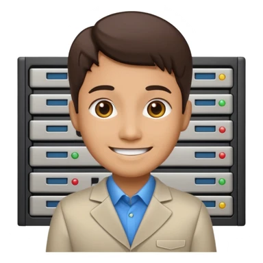 Add a server rack behind the system administrator in the emoji style, keeping the original style consistent and clear. sticker