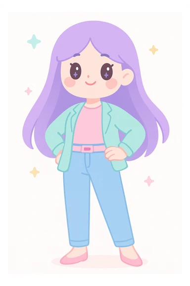 lady with long straight purple hair, confident pose, contemporary fashion, vibrant colors sticker