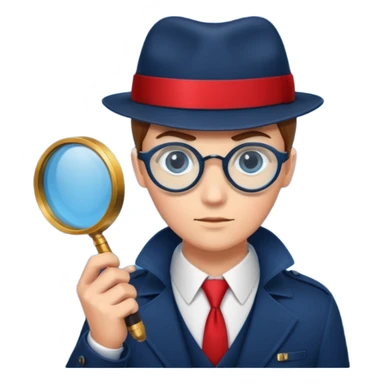 A secret agent holding a magnifying glass and code cards, spy theme, detective style, mysterious atmosphere, red and blue color scheme sticker