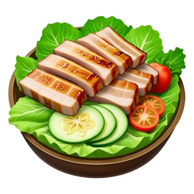 Samgyeopsal Cinematic Realistic Samgyeopsal Dish Emoji, depicted as slices of grilled pork belly served in crisp lettuce leaves with assorted fresh vegetables, rendered with dynamic textures and appetizing, natural lighting. sticker