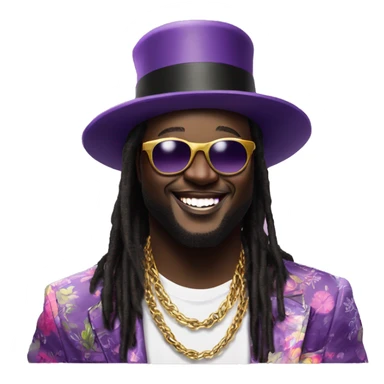T-Pain: A charismatic figure in a purple top hat, floral jacket, sunglasses, and gold-toothed grin. Long dreads, white tee, and chain complete the look. Fun and approachable, they’re pure party energy. sticker