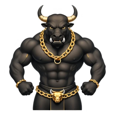 The emoji is an angry black powerful bull with steam coming out of its nose and a gold chain hanging from its neck with the inscription - bull run sticker