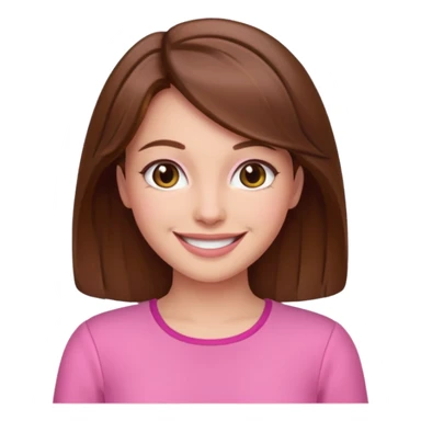 brown hair woman with pink outfit and happy face sticker