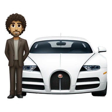 curly hair arab guy and white brunette guy standing in front a bugatti sticker