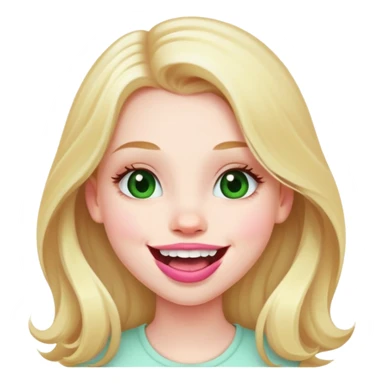 Young girl with pale skin, full pink lips smiling, blonde reddish long hair, big brown eyes with a hint of green, big mouth sticker
