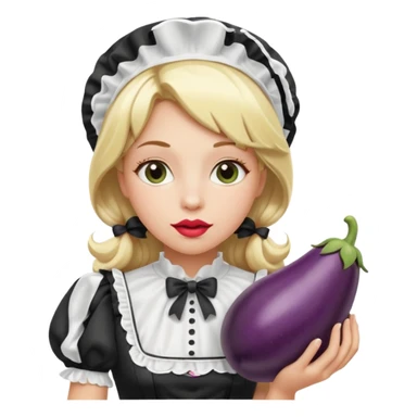 A women with blond hair in a black and white maid dress with her lips around a eggplant sticker