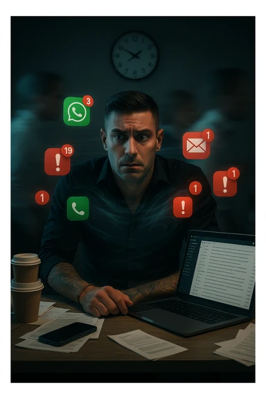 A highly realistic, cinematic portrait of a young man in his early 30s with a tired, tense expression, sitting at his modern office desk surrounded by multiple smartphones with glowing notification bubbles (WhatsApp, emails, alerts) hovering around him like aggressive neon icons. His posture is hunched, shoulders raised, eyes slightly wide, and jaw clenched, representing constant hyper-vigilance and stress. The environment is a cold, cluttered workspace with a laptop displaying endless emails and Slack notifications, coffee cups stacked nearby, and a clock showing late hours, symbolizing the relentless pace of modern work life. Behind him, ghostly blurred figures rush by in a fast-motion effect, representing the constant rush and societal pressure. A faint, tight grey aura wraps around his chest and head, symbolizing blocked breathing and mental tension, while faint blue light tries to push through, representing the body’s desire to find calm. The lighting is harsh and cool, with a 35mm hyperrealistic film style, shallow depth of field focusing on the man’s stressed face and the floating notifications, illustrating the modern trap of always being on alert. sticker
