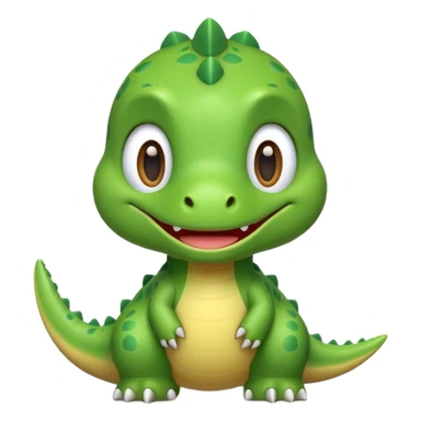 Cute green dinosaur emoji with round body, big eyes, small arms, soft shadows, smooth outlines, glossy finish, friendly smile, simple flat design, high-detail yet minimal style, perfect for emoji set, transparent background sticker