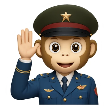 Add a classic military hat to the playful monkey face doing a military salute in emoji style with transparent background. sticker