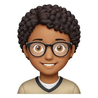 "- Nam
- 10 tuổi
- Da nâu
- Tóc ngắn, xoăn, đen
- Cười tươi
- Đeo kính
" sticker