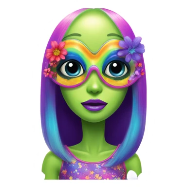 Lisa frank alien with big oval head and big black eyes with flowers sticker