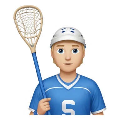 Blonde white with blue eyes lacrosse guy holding one lacrosse stick wearing blue and white gear  sticker