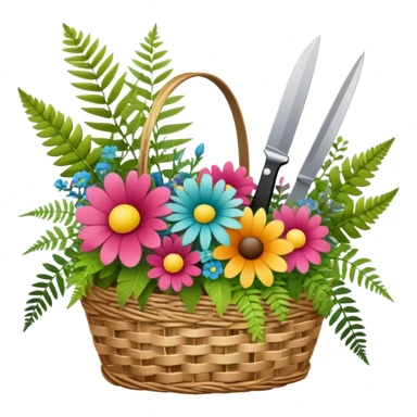 Icon for Floristry: a woven basket with flowers, reeds, ferns, bright ribbons and a small plush toy. Add scissors and knife. The icon should represent creativity in flower arrangement and decorative design. Transparent background. sticker