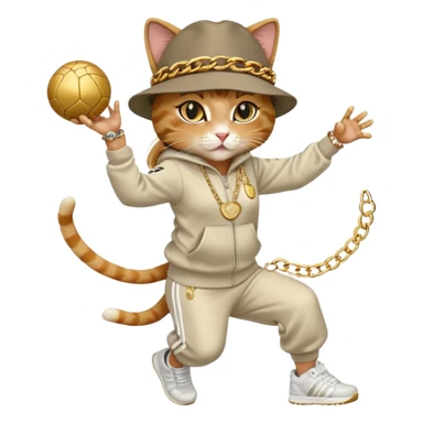 female cat dressed like Run DMC in tracksuit, fedora, Adidas shoes, lots of gold chains, rings, bracelets, earrings, catching a ball high in the air, no sunglasses sticker