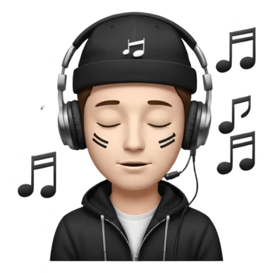 dj man white with baseball cap - rayban glasses - brown hair - closed eyes with headphones on with musical note over head (listening to music ) - eyes closed no glasses - black hat  musical notes floating around head - NO GLASSES sticker