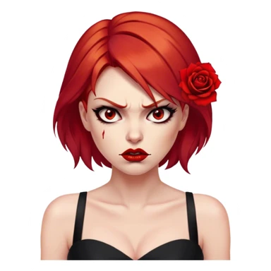 a beautiful very angry woman with red hair and red eyes. The woman wear a black little cutted dress. She have red lipstick and she have a seductive look. She have a rose flower in her hair. Angry face sticker