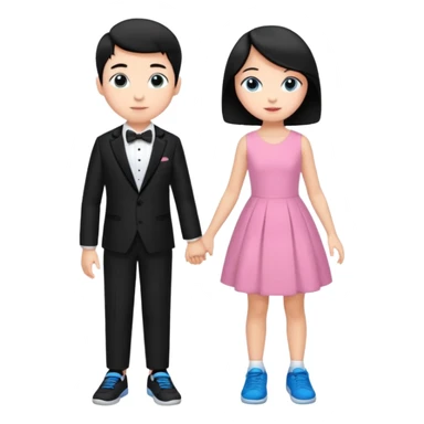 generate a pretty bratz fair skinned boy with short black hair wearing a black tux with blue sneakers with a girl in a pink dress sticker