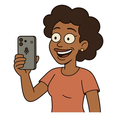 Afro-Caribbean female smiling, holding iPhone, recording sticker