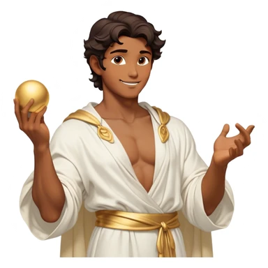 Cinematic Realistic Hercules Portrait, head tilted playfully and inquisitively, showcasing a charming blend of Disney heroic charisma and the refined grace of Michelangelo's David. His sun-kissed bronze skin and thick, wavy dark hair are rendered with classical precision, complementing a warm, inviting smile and sparkling, mischievous eyes. Clad in a softly draped white robe with subtle golden details, he exudes approachable strength under gentle, natural lighting. sticker