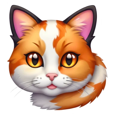 Cinematic Cute Calico Cat Portrait Emoji, Head tilted playfully with sparkling, inquisitive eyes and a charming patchwork fur of orange, black, and white, simplified yet irresistibly adorable, highly detailed, glowing with a warm, inviting glow, high shine, bubbly and affectionate, styled with a touch of whimsical feline charm, soft glowing outline, capturing the essence of a delightfully cute calico cat that looks as if it could prance off the screen into your heart! sticker