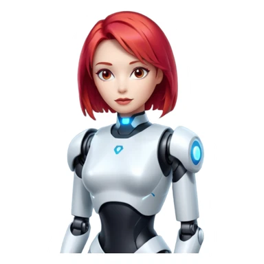 an AI robot, futuristic, digital, glowing, sexy dress, red hair sticker