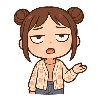 chibi sticker of a girl with brown straight hair in double buns, brown eyes, wearing a pastel floral cardigan and jeans, white outline, rolling her eyes as if saying 'oh my god', transparent background, 512x512px sticker