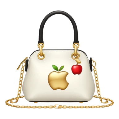 elegant modern white handbag with gold chain strap, Apple emoji style sticker