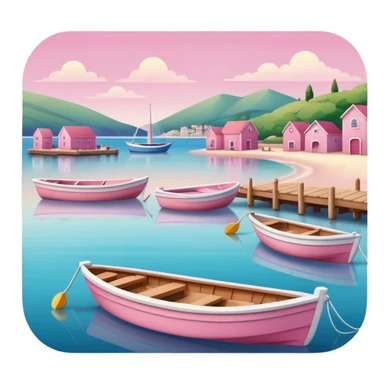 soft and aesthetic coastal harbor with small boats, wooden docks, gentle waves, beach, all in pink tones, no industrial elements, soft shadows, rounded edges, in Apple iOS emoji style sticker