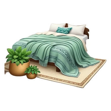 cozy modern boho bedroom with many houseplants, layered rugs, and piles of textured blankets and pillows sticker