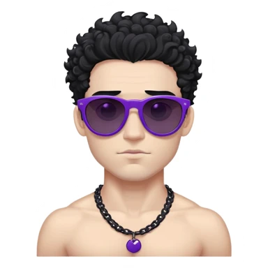 shirtless male athlete with white skin and moderately curly black hair on top with shaved sides, wearing purple sunglasses with very dark heavily tinted black lenses that completely hide the eyes, and a plain black chain necklace sticker