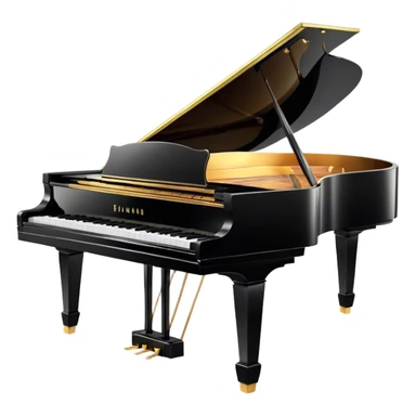 Cinematic Realistic Piano, glossy black grand piano with elegantly curved edges, pristine white and black keys, soft golden light reflecting off its polished surface, faint reflections of a musician’s hands, glowing with refined elegance and musical depth. sticker