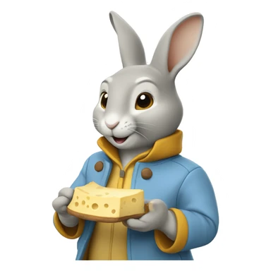 Peter rabbit: a yellow rabbit wearing a light blue jacket. Eating a gorgonzola cheese sticker