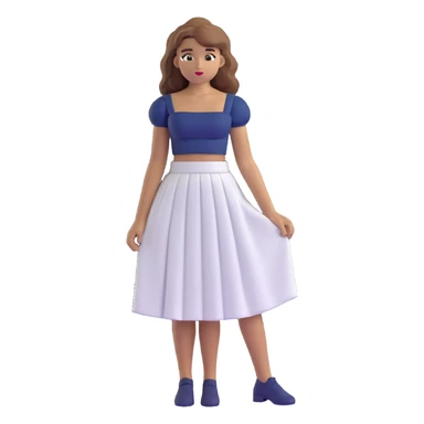 tan girl with wavy hair, white long skirt, navy blue ruched square neck crop top, hands on hips sticker