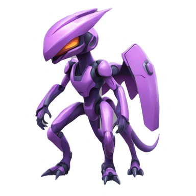 a shiny Genesect-Raptor-Fakémon—hybrid with a futuristic visor-helmet full body sticker