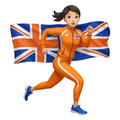 asian woman in orange sport suit and uk flag on the back holding it, running sticker
