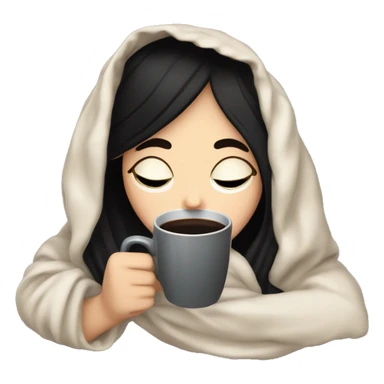 white girl with black hair inside a blanket sipping coffee eyes closed sticker