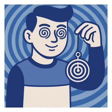 Add a hypnotic swirling background behind the stylized character, maintaining the flat blue illustration style. sticker