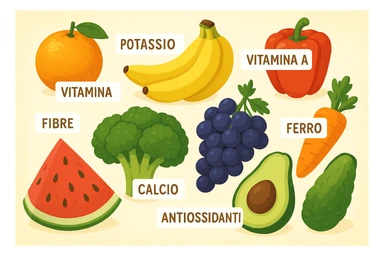 focus su frutta e verdura a tutto schermo e i micronutrienti in italiano contenuti in essa sticker